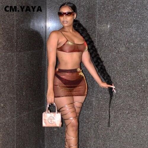 CM.YAYA Women Set Mesh See-through Spaghetti Strap Crop Tops Sheath Elastic Skirts Two Piece Set Sexy Night Club Party Outfits
