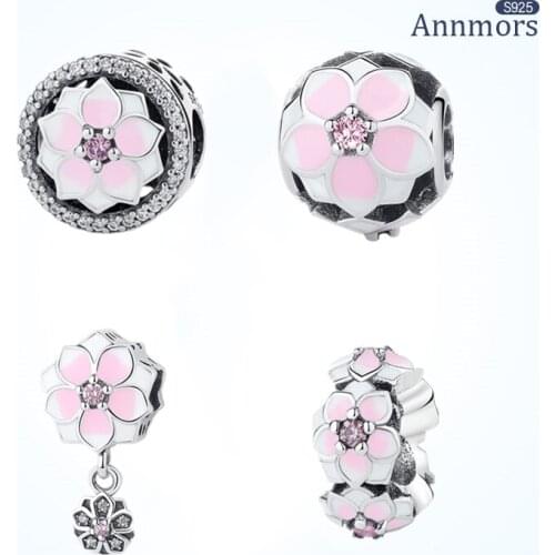 Pink Enamel Flower Charm Fits Pandora Bracelets Necklace 925 Sterling Silver Snowflake Pendant for Women Girl Jewelry Beads Gift