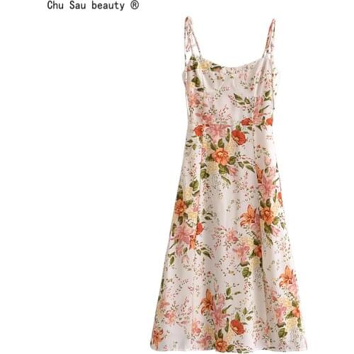 2021 Summer Vintage Lace-Up Floral Print Slim Spaghetti Strap A-line Side Slit Elastic Fashion Dress Zipper Vestido Women