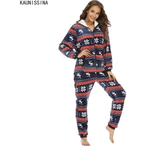 Winter Onsies Women Long Sleeve Zipper Pockets Hooded Christmas Pajamas Sets Female Flannel Warm Loungewear One Piece Sleepwear