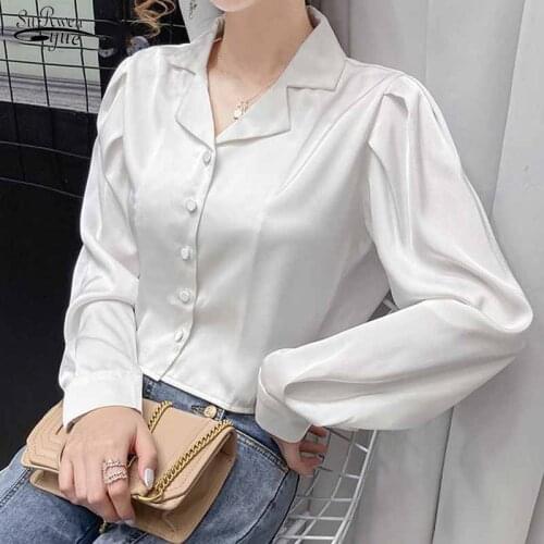 2021 Solid White Long Sleeve Shirt Women Office Lady Suit Collar Spring Autumn Silk Womens Tops and Blouses Satin Shirt 10984