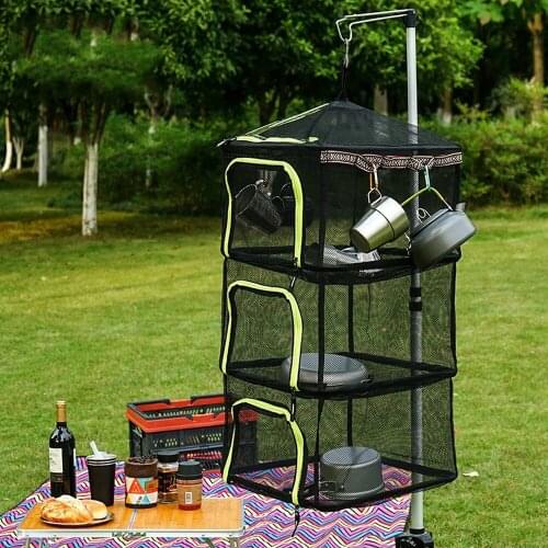 4 Layers Outdoor Folding Square Mesh Food Dryer Hanging Camping Storage Basket with Zippers WY804