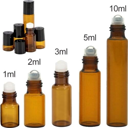 5Pcs/Pack 1ml 2ml 3ml 5ml 10ml Amber Thin Glass Roll on Bottle Sample Test Essential Oil Vials with Roller Metal /Glass Ball