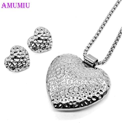 AMUMIU Silver Tone Heart Shaped Tennis jewelry sets Choker Necklace Jewelry Set Earrings Bridal Jewelry Wedding Bridesmaid JS082