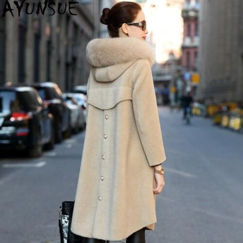 AYUNSUE Real Fur Coat Female Sheep Shearling Jacket Winter Coat Women Fox Fur Collar 100% Wool Coat Suede Leather Jackets MY4435
