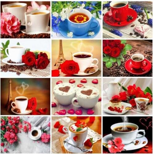 AZQSD Diamond Painting Embroidery Flowers Diamond Mosaic Flower Full Drill Cross Stitch Kits Coffee Cup Rhinestones Wall Decor