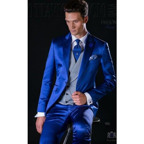 Royal Blue Satin Wedding Prom Men Suits Costume Homme Satin Jacket Pant Grey Vest Groom Tuxedos Terno Masculino Blazer 3 Pcs