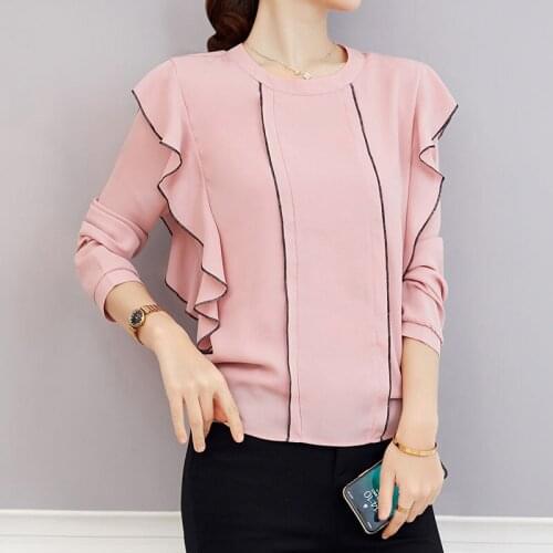 Spring Summer Korean Style Women Shirts Long Sleeve Elegant Ruffle Ladies O-Neck Blouses Fashion Loose Chiffon Top Blusas MM1051