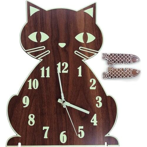 BMBY-Night Light Wall Clock, Luminous Wall Clock with Numerals & Hands Glow in Dark, Cat Wooden Wall Clock Decorative