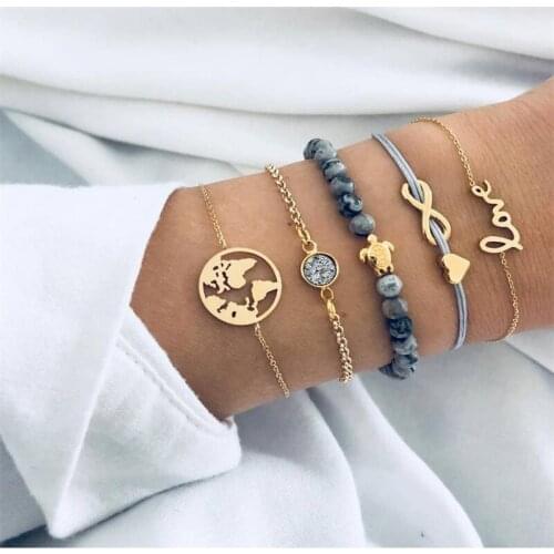 8 / 5 /4 Pcs/Set Women Bohemia Bracelets Set Retro Hexagon Star Heart Love Geometric Carved Golden Open Bracelet Fashion Jewelry