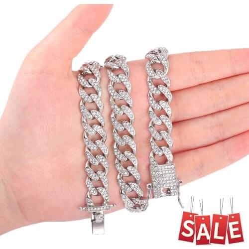 Hip Hop Iced Out Paved Rhinestones 1Set 8MM 13MM Full Miami Curb Cuban Chain CZ Bling Rapper Necklaces For Men Jewelry NEW