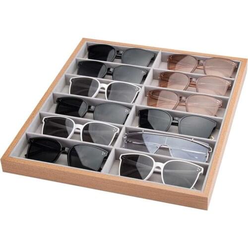 12 Grids Wooden Glasses Storage Rack Velvet Liner Sunglasses Display Tray Eyewear Eyeglasses Storage Organizer Box