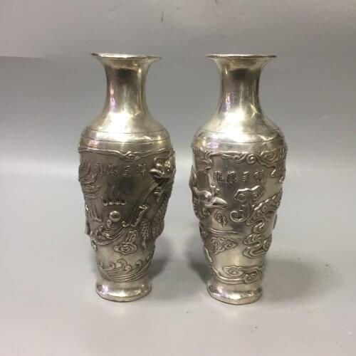 Art Antique Vases Metal Decoration Handicraft Decoration Tibet Silver Dragon and Phoenix Vase Desktop Decoration