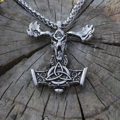 Lanseis 1pcs Viking Skull mjolnir pendant goat head skull charm men necklace Valknot talisman symbol jewelry