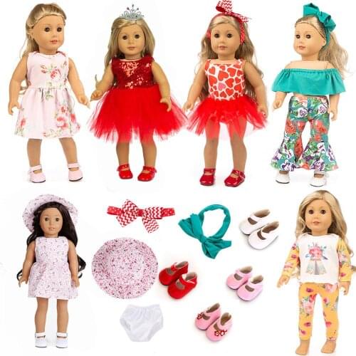 Hot 6 suits clothes +4 pairs shoes/set Fit for American Girl Doll Clothes 18inch baby Doll , Christmas Girl Gift