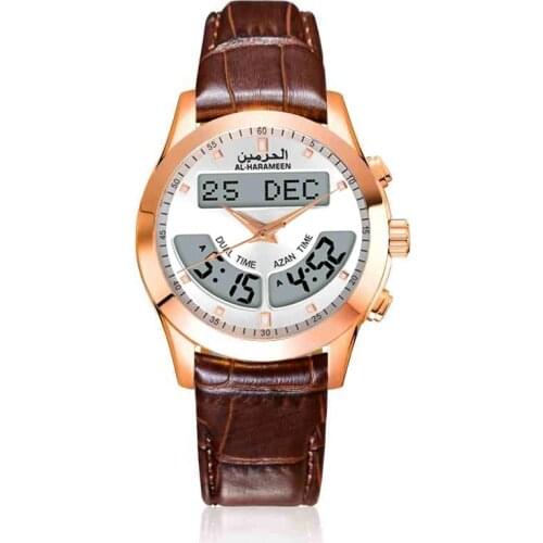 Muslim Watch with Azan Alarm for all Prayers Support English and Arabic Rose Gold 32mm Dial Waterproof Genuine Leather