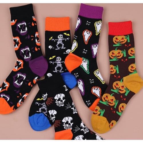 Man Woman Party Trick or Treat Socks Horror Socks Horror Bandage People Skull Pumpkin Head Teeth Mouth Pattern Halloween Socks