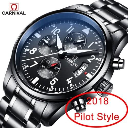 Carnival Aviator Luminous Watch Men Stainless Steel Fashion Brand quartz Waterproof Pilot Chronograph watch wristwatch masculine