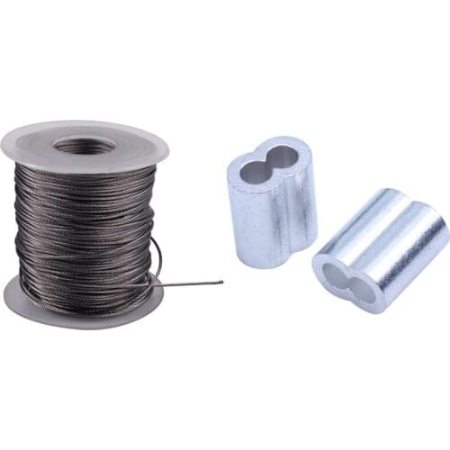 Hoisting Lifting 7X7 1Mm Dia Stainless Steel Flexible Wire Rope 177Ft With 50-Pack Aluminum Crimping Loop Sleeve