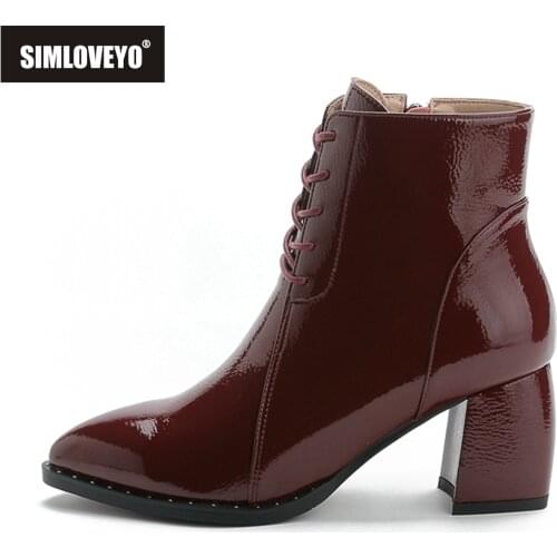 SIMLOVEYO Women Genuine Leather Square Heel Ankle Boots Pointed Toe Patent Leather Strap Designer Brand Big Size 42 Black S2312
