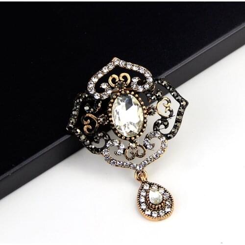 Sunspicems Vintage Turkish Resin Crystal Brooch Pin for Women Antique Gold Color Bohemia Hijab Lapel Jewelry Kids Gift