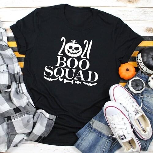 2021 Boo Squad Halloween Pumpkin Print 100%Cotton Women Tshirt Unisex Funny Summer Casual Short Sleeve Top Halloween Party Shirt