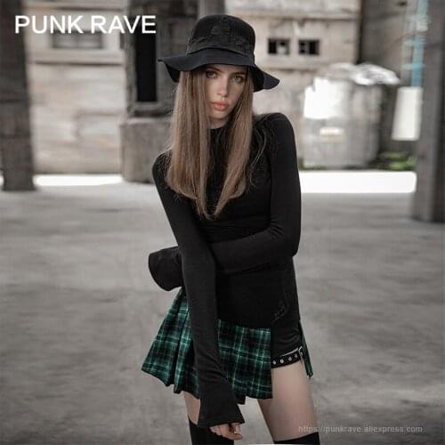 PUNK RAVE Womens Removable Metal Ring Decorative Printed T-shirt Soft Breathable Knitted Long Sleeve Female Tops Streetwear