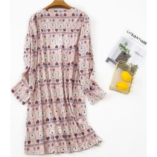 Cotton Nightgown Women Cartoon Nightwear Big Size Long Sleeve Sexy Round Collar Sleepwear 2019 Winter Femme Nightdress