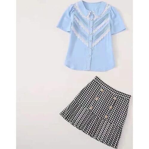 European and American womens wear for summer 2021 Blue shirt with short sleeves Plaid fishtail skirt Fashion suits