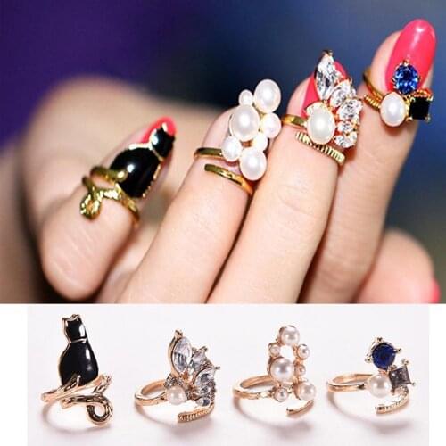 Women Fashion Rings Cat Pearl Zircon Nail Rings Set 4PCS/Set Chic Knuckle Rings