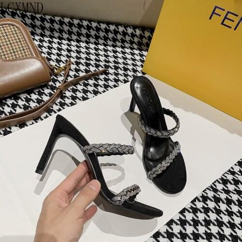High Quality 2021 New Summer Diamond Slipper Flip-flop Temperamental High Heel Womens Slipper Sandal Size 32-43 Heels Women