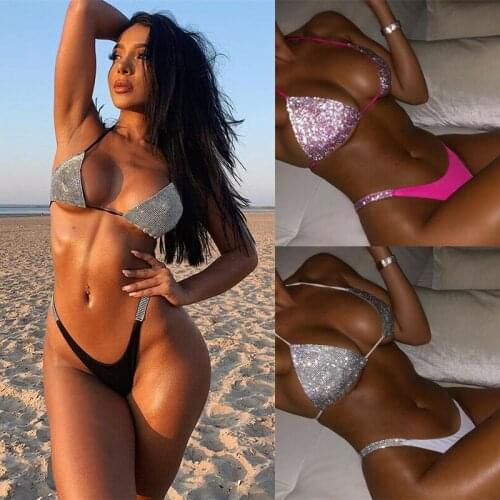 Women Shinny Diamond Mini Bikini Set Bras Bralette G-string Thong Triangle Sexy Swimwear Swimsuit Beach Bathing Suit Bikinis
