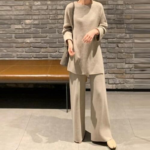 Ladies fashion casual knitted suit 2021 new loose wide-leg pants suit women spring and autumn long-sleeved knitted two-piece sui
