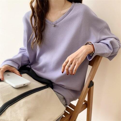 Alien Kitty Autumn Women Sweatshirts Lady V-Neck 2021 Solid Korean Comfortable Loose Fashion All Match Casual OL Elegant Tops
