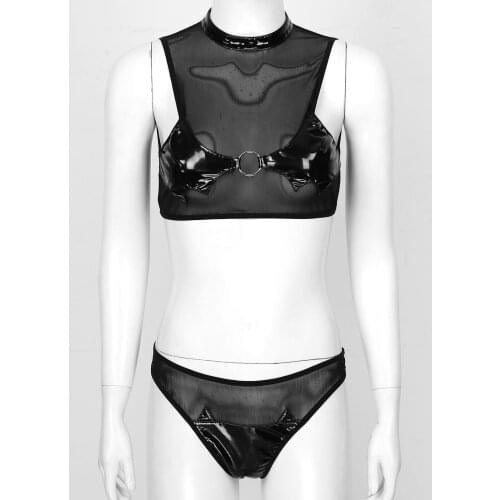 Womens Lingerie Sets See-through Mesh Leather Patchwork Femme Role Play Costume Hot Evening Clubwear Sleeveless Tops with Briefs