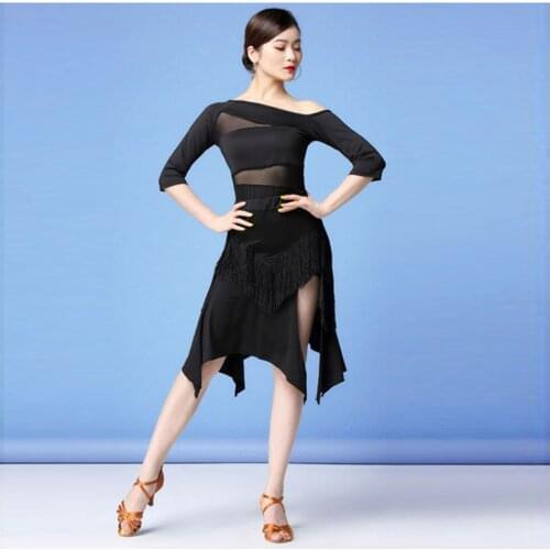L55 Latin Dance Dress Women One Side Bare Shoulder Dress for Ballroom Samba Tango Chacha Runba stage Dancing Performamnce
