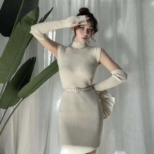 2020 Autumn Winter Fashion Elegant Dresses for Women Half-High Collar Off The Shoulder Skinny Sexy Knitted Dress Raglan Sleeve