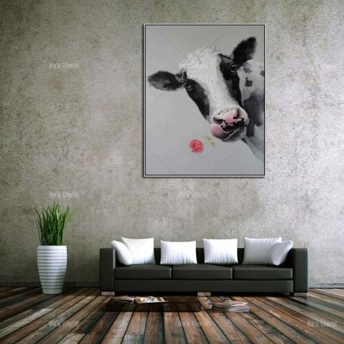 100% Hand-painted Modern Abstract Pictures Black and White Animal cow Oil Paintings on Canvas Poster Wall Art living Room Decor