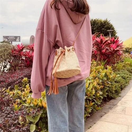 2020 Summer Beach Solid String Mini Bucket Bag Women Knit Straw Rattan Shoulder Crossbody Bags Casual Tassel Drawstring Handbag
