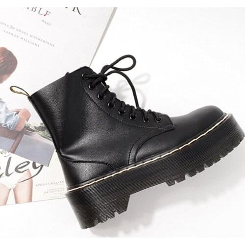 Cow Patent Leather Real Wool Platform Mid Heels Ankle Boots Motorcycle Boots Women Shoes Thick Heels Lace Up Snow Boots