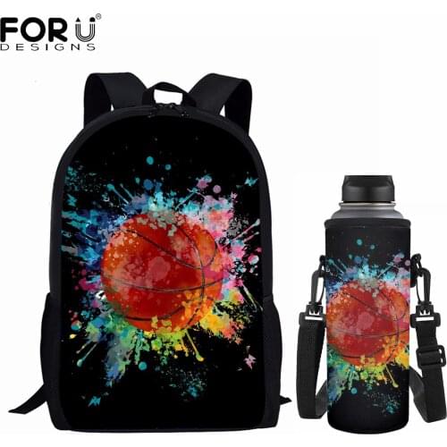 FORUDESIGNS Color Pigment Basketball Pattern School Bags for Teens Fashion Casual Backpack Set Sport Bottle Sleeve Shoulder Bags
