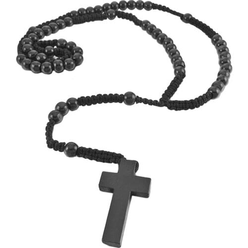 Wooden Pendant Pendant Necklace Black Cross Beads Retro 24 Inches Rosary Chain Chain Man, Woman