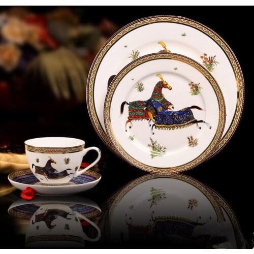 European classical example room hotel restaurant ceramic bone China coffee cups and saucers western food steak disk knife and fo