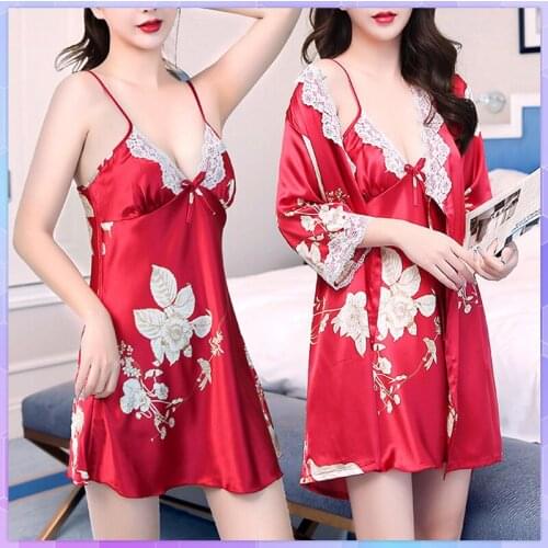Robe Women Sexy V Dress Sets Summer Nightgown Silk Polyester 2pcs Suit Long Sleeve Robes Night Dress Sleepwear Nightwear Autumn