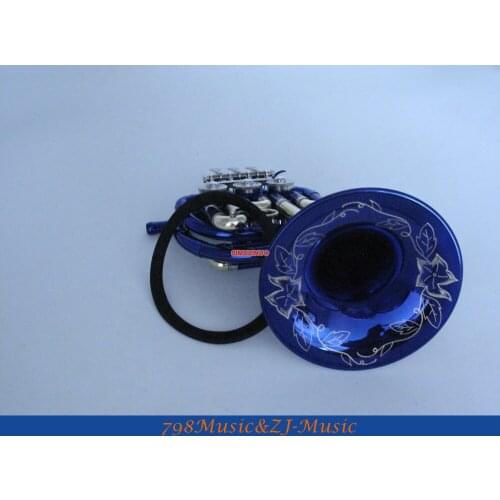 Blue Mini French Horn Engraving Bell Bb Pocket horn With Case Free LORICO Ring Mute