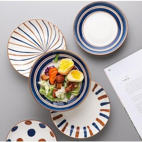 Ceramic Underglaze Hand-painted Dinner Plate Home Restaurant Dinner Plate Chinese Deep Round Plate 7/8 Inch Plate