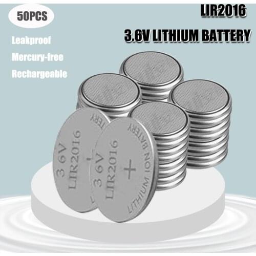 50PCS 3.6V LIR2016 Lithiium lir Ion Rechargeable Battery 18mAH Li-ion button coin cell replace for CR2016 CR 2016