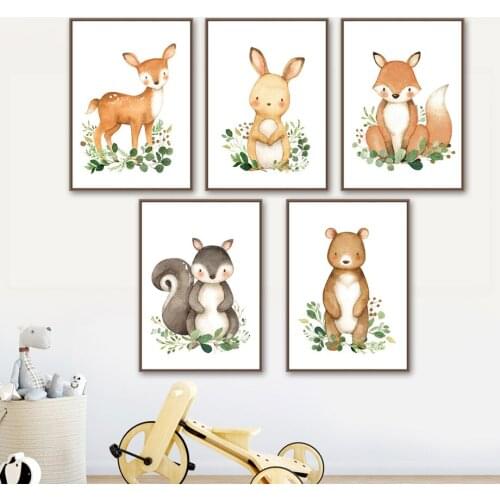 Cartoon Deer Rabbit Fox Squirrel Bear Nursery Wall Art Print Canvas Painting Nordic Poster Wall Pictures Baby Kids Room Decor