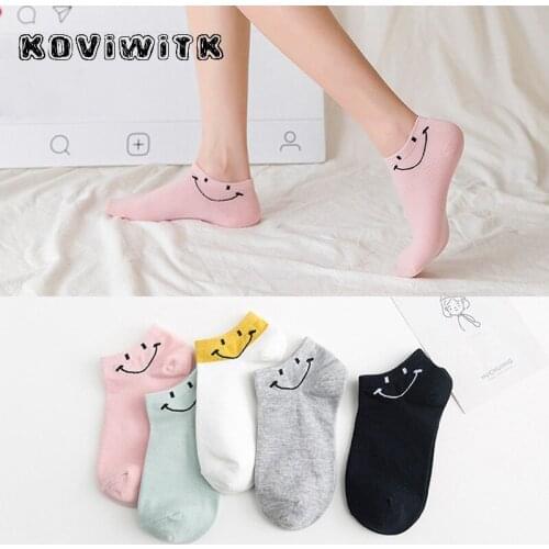 New Cartoon cute Smiley socks slippers Women pink/black Ankle Short Kawaii Show cotton Sock Solid Harajuku Casual art Funny sox