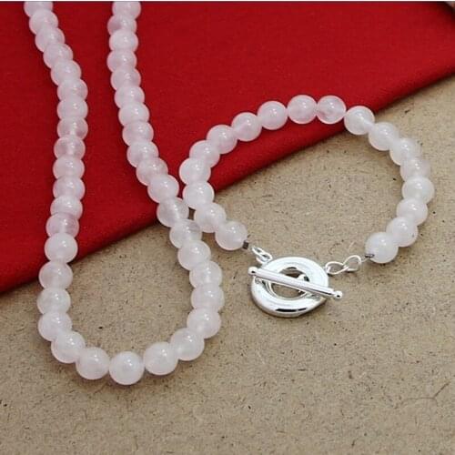 New 925 Silver Necklace Pink Agate Beaded Bracelet (With Buckle) For Ladies Wedding Engagement Party Fashion Jewelry